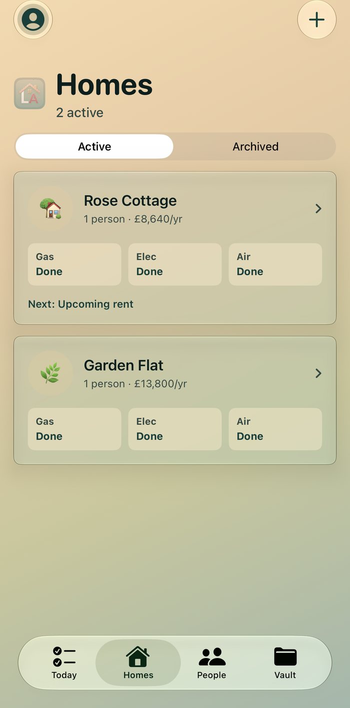 Homes tab showing active properties with safety status