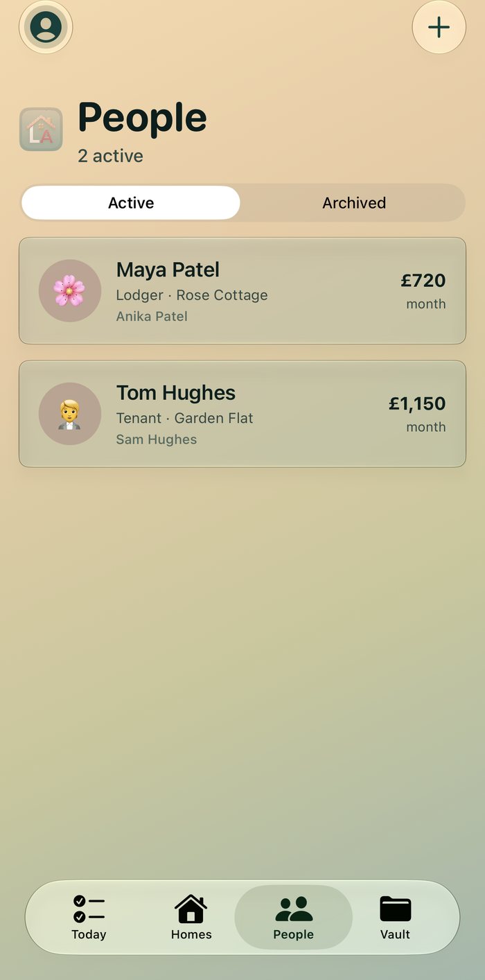 People tab showing lodgers and tenants with rent amounts