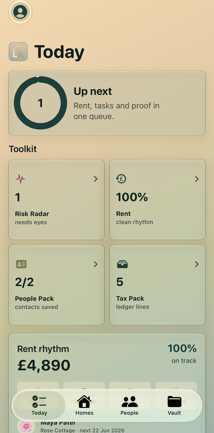 Landlord Assistant: Rent — Today screen showing Risk Radar, rent rhythm and tax pack
