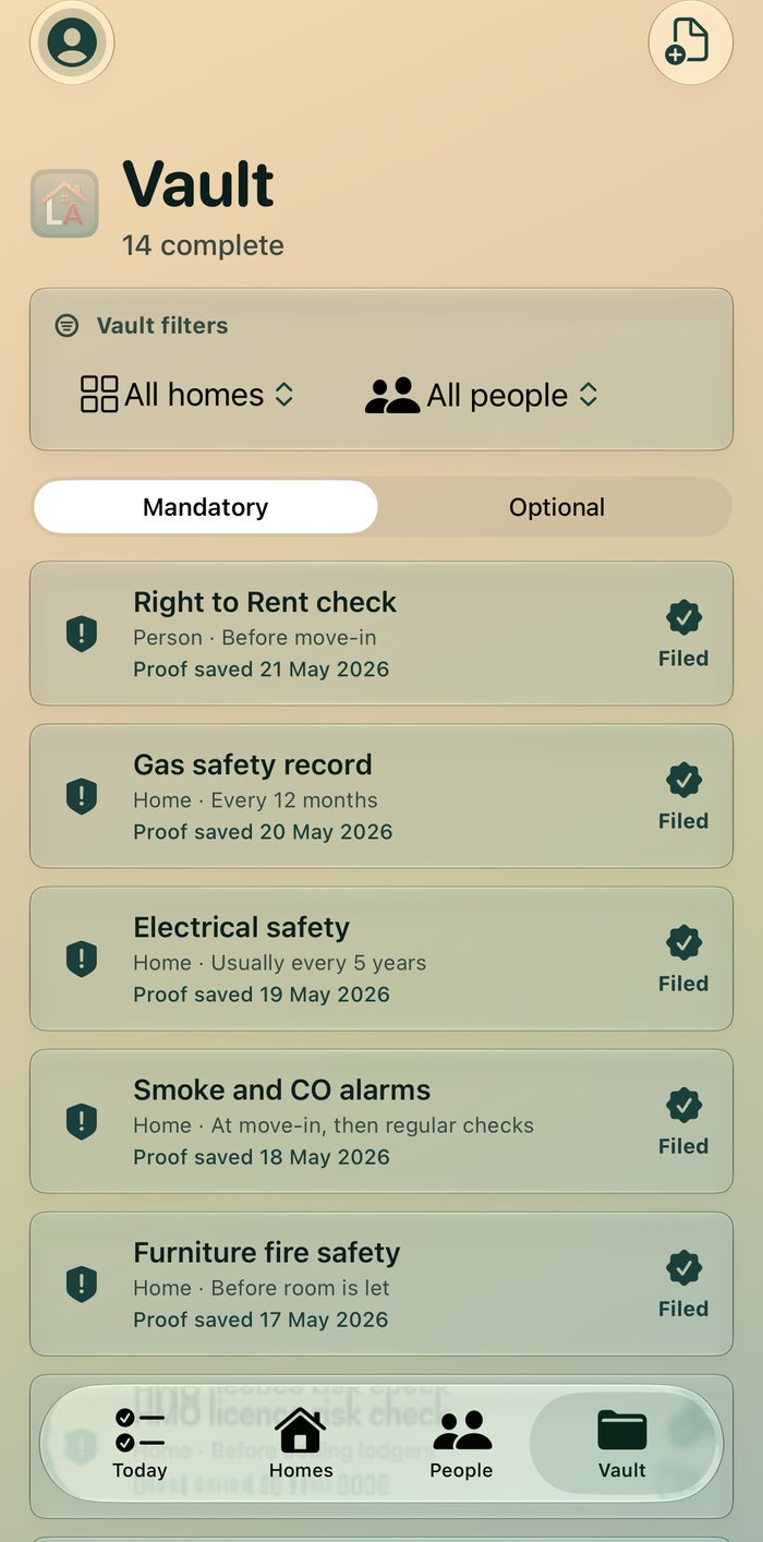 Vault screen showing filed safety and compliance documents
