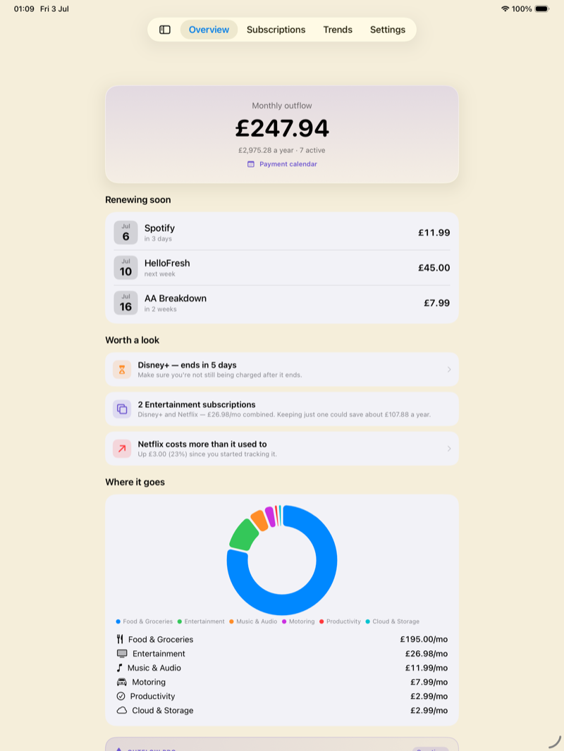 Outflow on iPad — overview with monthly outflow, upcoming renewals, insights and category breakdown in a big-screen layout